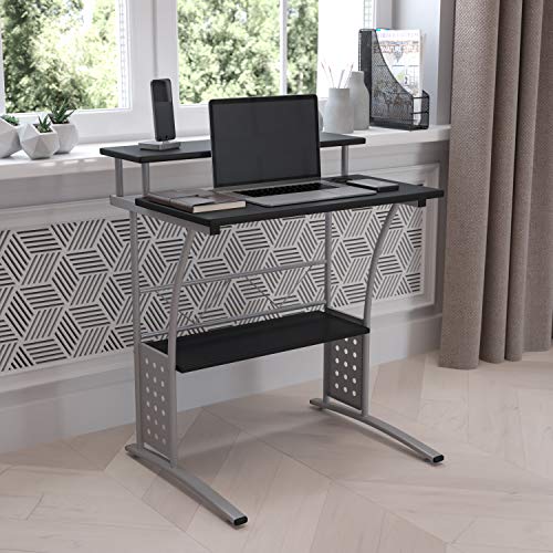 Black Computer Desk with Perforated Side Paneling and Raised Monitor Shelf