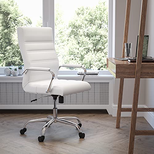 Flash Furniture High Back Desk Chair – White LeatherSoft Executive Swivel Office Chair with Chrome Frame – Swivel Arm Chair