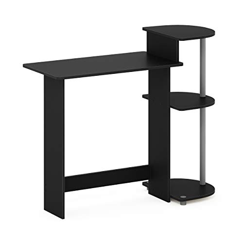 FURINNO Compact Computer Desk with Shelves, Round Side, Black/Grey