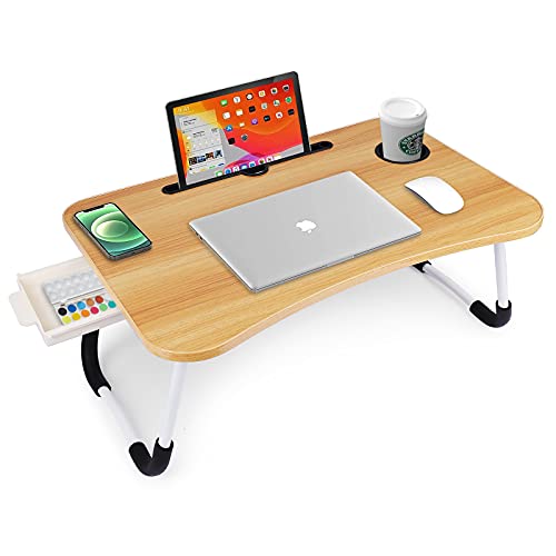 Laptop Desk Foldable Bed Table Portable Multi-Function Lap Bed Tray Table with Storage Drawer and Cup Slot, Notebook Stand Breakfast Bed Tray for Sofa, Bed, Terrace, Balcony, Garden